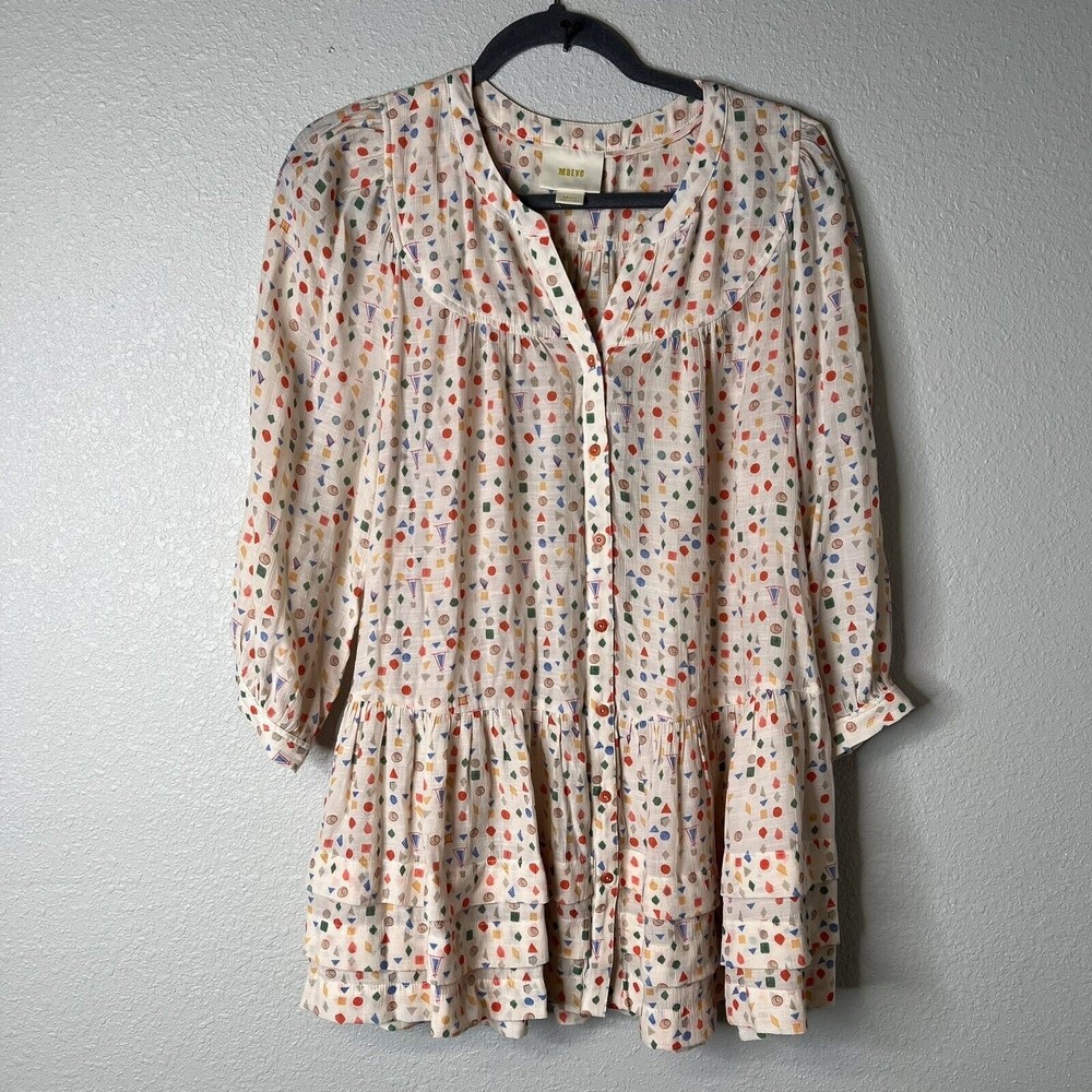 Anthropologie Maeve Paccia Geometric Print Tunic Blouse Top Relaxed Ruffle Small